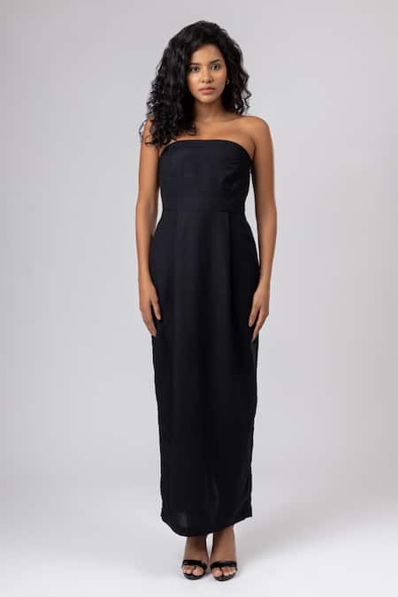 Buy_Doodlage_Black Cotton, Linen Off-shoulder Plain Strapless Dress _Online_at_Aza_Fashions