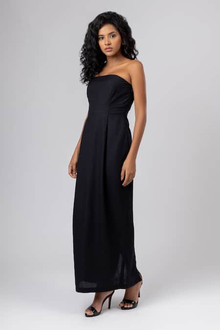 Shop_Doodlage_Black Cotton, Linen Off-shoulder Plain Strapless Dress _Online_at_Aza_Fashions
