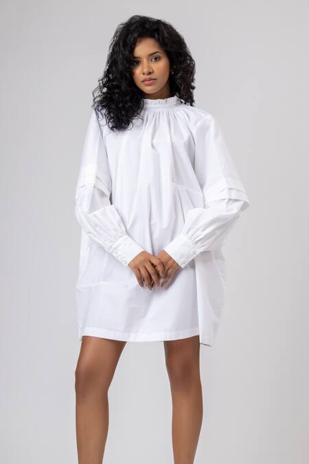 Buy_Doodlage_White Cotton Round Neck Oversized Puffed Sleeves Dress _Online_at_Aza_Fashions