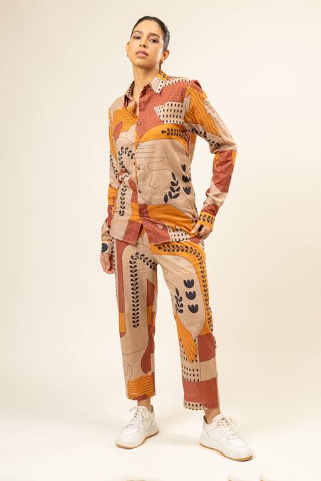 Doodlage_Multi Color Cotton, Linen Collared Flora Vine Doodle Pattern Shirt _Online_at_Aza_Fashions