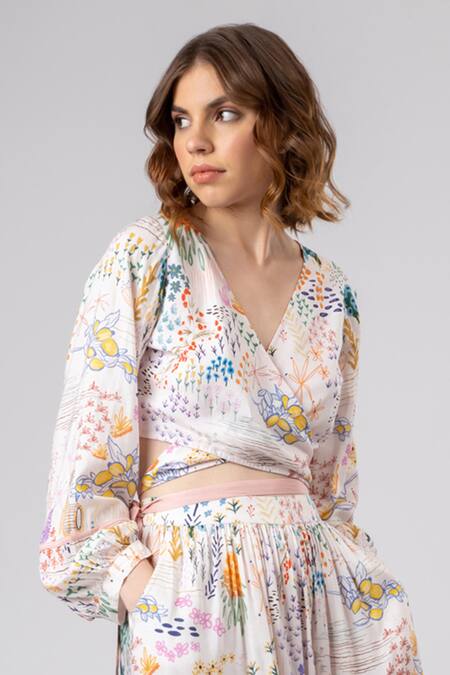 Doodlage Multi Color Modal, Rayon V-neck Wonderland Print Wrap Top With Flared Pant Online at Aza Fashions Doodlage_Multi Color Modal, Rayon V-neck Wonderland Print Wrap Top With Flared Pant _Online_at_Aza_Fashions