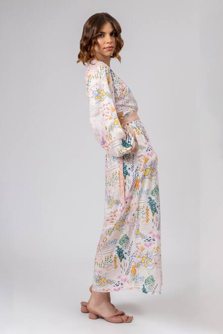 Shop Doodlage Multi Color Modal, Rayon V-neck Wonderland Print Wrap Top With Flared Pant Online at Aza Fashions Shop_Doodlage_Multi Color Modal, Rayon V-neck Wonderland Print Wrap Top With Flared Pant _Online_at_Aza_Fashions