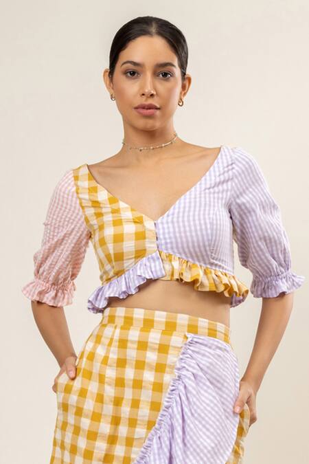 Doodlage_Multi Color Upcycled Cotton Seersucker Checkered V Pattern Crop Top With Skirt_Online_at_Aza_Fashions
