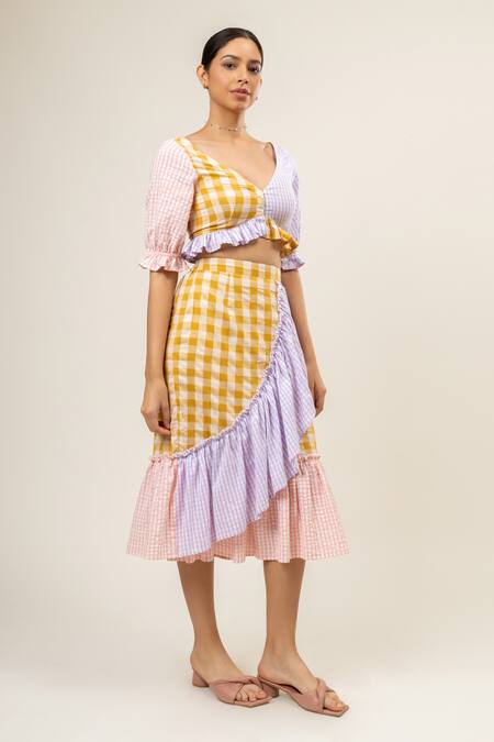 Shop_Doodlage_Multi Color Upcycled Cotton Seersucker Checkered V Pattern Crop Top With Skirt_Online_at_Aza_Fashions
