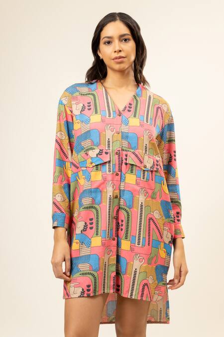 Shop_Doodlage_Multi Color Upcycled / Blend/ Pattern Shirt Dress_Online_at_Aza_Fashions