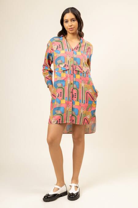 Doodlage_Multi Color Upcycled / Blend/ Pattern Shirt Dress_at_Aza_Fashions