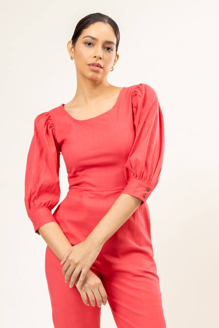 Doodlage_Pink Linen, Lycra Round Neck Puffed Sleeves Plain Jumpsuit_Online_at_Aza_Fashions