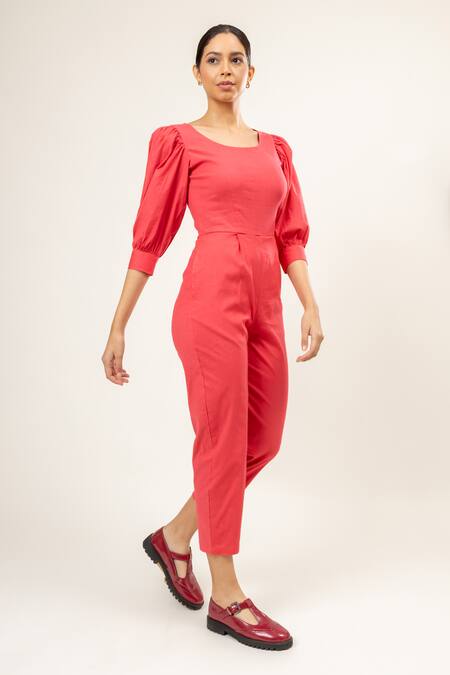 Buy_Doodlage_Pink Linen, Lycra Round Neck Puffed Sleeves Plain Jumpsuit_Online_at_Aza_Fashions