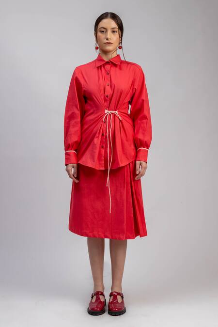 Doodlage_Pink Linen, Lycra Collared Cinched Waist Shirt_Online_at_Aza_Fashions