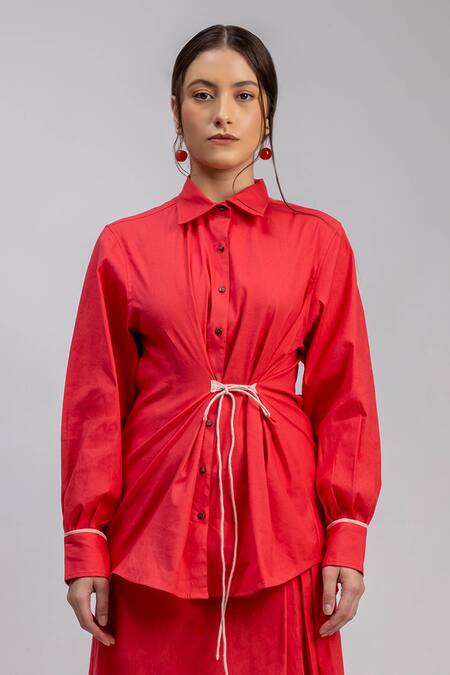 Buy_Doodlage_Pink Linen, Lycra Collared Cinched Waist Shirt_Online_at_Aza_Fashions