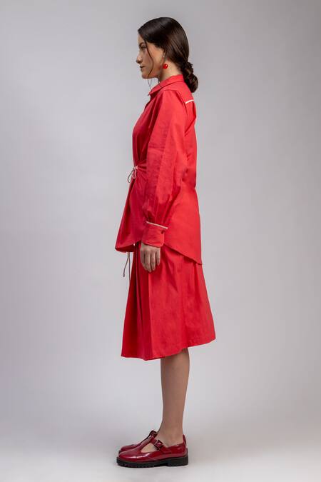 Shop_Doodlage_Pink Linen, Lycra Collared Cinched Waist Shirt_Online_at_Aza_Fashions