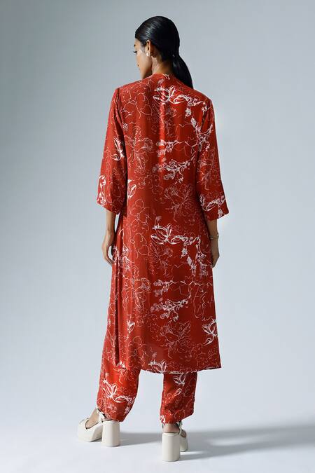 Shop Klad Red Crepe Printed Abstract Floral Mandarin Tunic And Pant Set at Aza Fashions Shop_Klad_Red Crepe Printed Abstract Floral Mandarin Tunic And Pant Set_at_Aza_Fashions