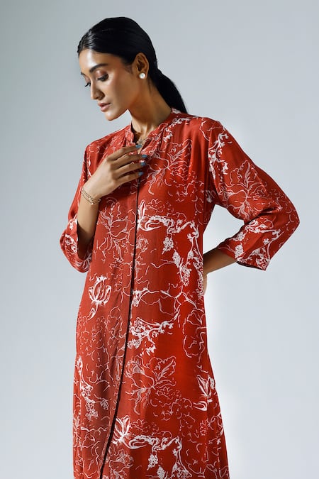Shop Klad Red Crepe Printed Abstract Floral Mandarin Tunic And Pant Set Online at Aza Fashions Shop_Klad_Red Crepe Printed Abstract Floral Mandarin Tunic And Pant Set_Online_at_Aza_Fashions