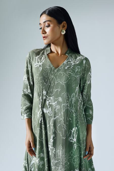 Klad_Green Crepe Printed Abstract Floral Mandarin Draped Dress_Online_at_Aza_Fashions