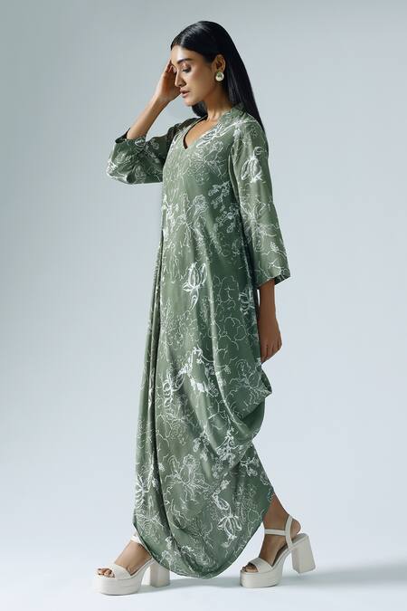 Buy_Klad_Green Crepe Printed Abstract Floral Mandarin Draped Dress_Online_at_Aza_Fashions