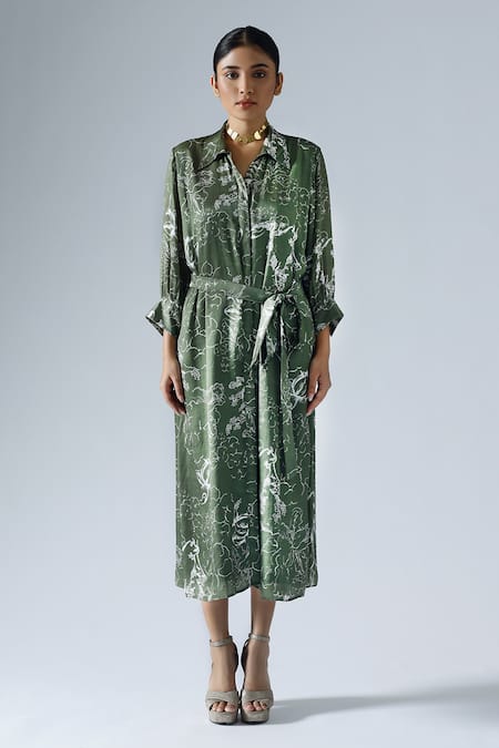 KLAD Green Crepe Abstract Floral Print Shirt Dress