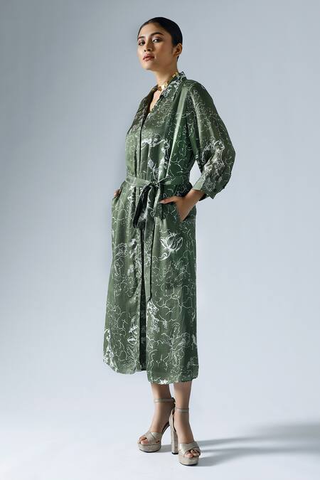 Klad_Green Crepe Printed Abstract Floral Collar Midi Shirt Dress_Online_at_Aza_Fashions