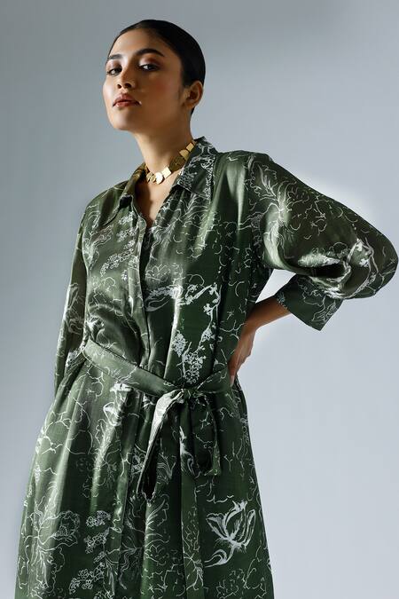 Buy_Klad_Green Crepe Printed Abstract Floral Collar Midi Shirt Dress_Online_at_Aza_Fashions