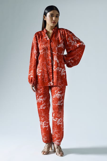 KLAD Red Satin Printed Abstract Floral Collar Shirt And Pant Co-ord Set 