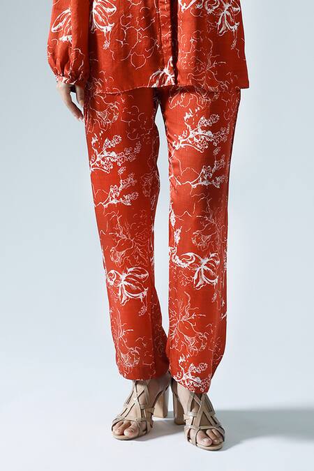 Klad_Red Satin Printed Abstract Floral Collar Shirt And Pant Co-ord Set_Online_at_Aza_Fashions