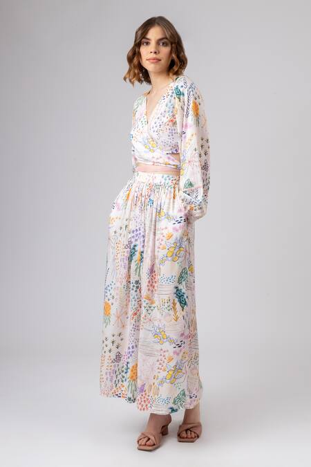 Buy Doodlage Multi Color Modal, Rayon V-neck Wonderland Print Wrap Top With Flared Pant Buy_Doodlage_Multi Color Modal, Rayon V-neck Wonderland Print Wrap Top With Flared Pant