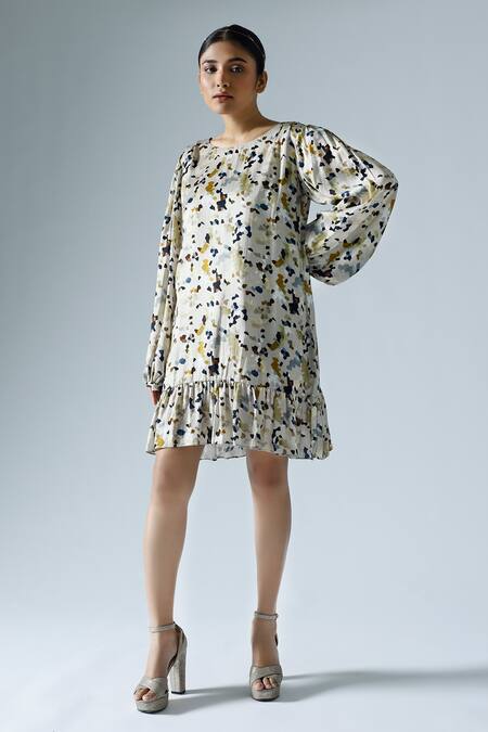 Klad_Gray Satin Printed Abstract Geometric Round Shift Dress With Balloon Sleeves_Online_at_Aza_Fashions