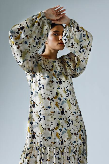 Buy_Klad_Gray Satin Printed Abstract Geometric Round Shift Dress With Balloon Sleeves_Online_at_Aza_Fashions