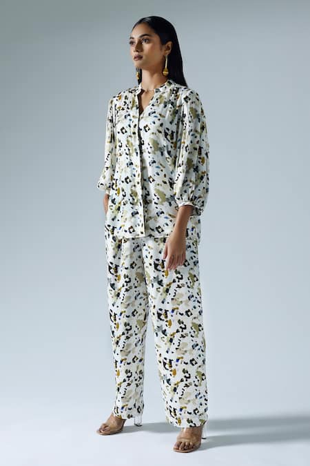 KLAD White Satin Printed Abstract Geometric Puff Sleeve Shirt And Pant Co-ord Set 