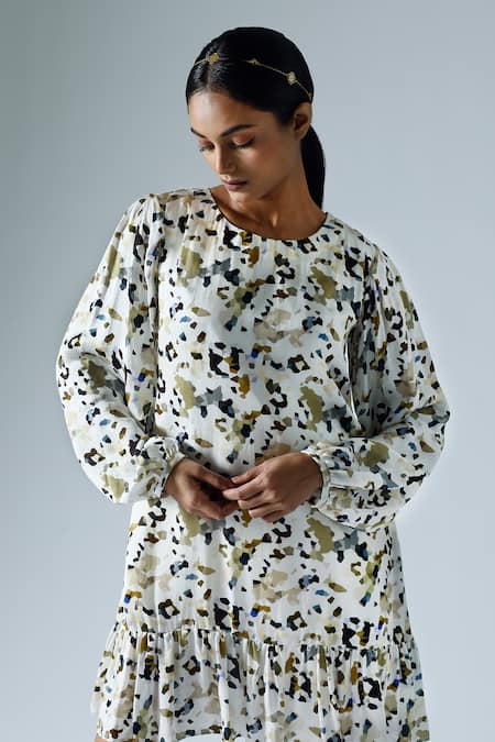 Klad White Satin Printed Abstract Geometric Round Shift Dress Online at Aza Fashions Klad_White Satin Printed Abstract Geometric Round Shift Dress_Online_at_Aza_Fashions