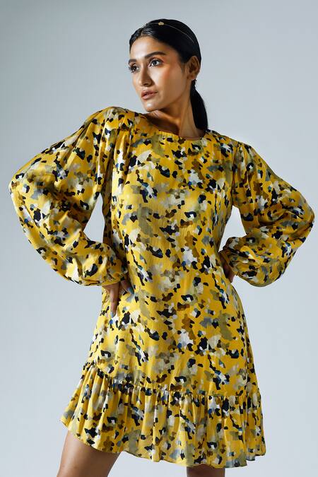 Klad Yellow Satin Printed Abstract Geometric Round Shift Dress Online at Aza Fashions Klad_Yellow Satin Printed Abstract Geometric Round Shift Dress_Online_at_Aza_Fashions