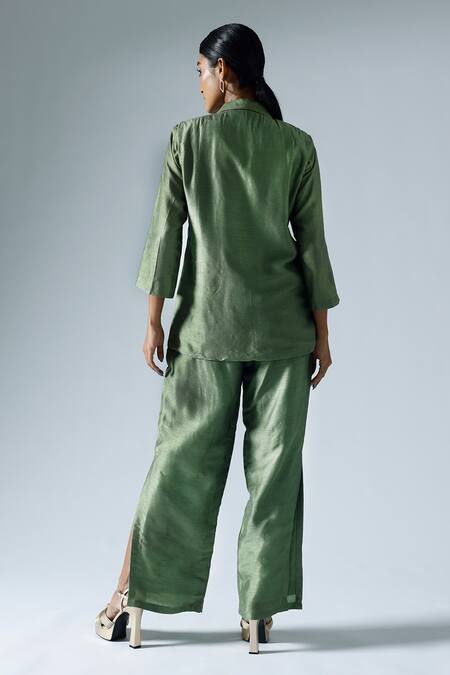 Shop Klad Green Silk Plain Notched Collar Shirt And Slit Pant Set at Aza Fashions Shop_Klad_Green Silk Plain Notched Collar Shirt And Slit Pant Set_at_Aza_Fashions