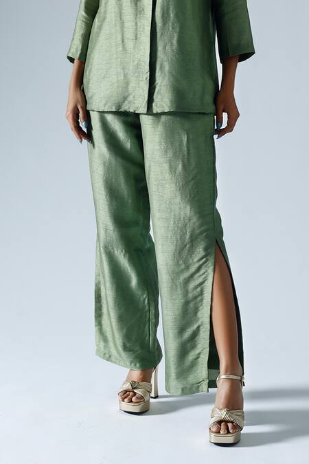 Klad Green Silk Plain Notched Collar Shirt And Slit Pant Set Online at Aza Fashions Klad_Green Silk Plain Notched Collar Shirt And Slit Pant Set_Online_at_Aza_Fashions