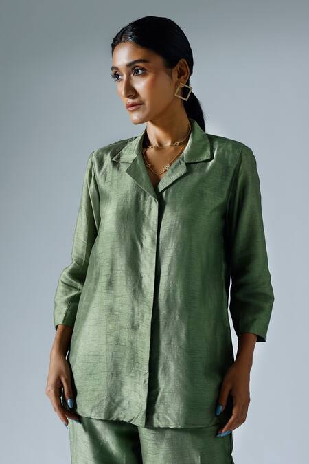 Buy Klad Green Silk Plain Notched Collar Shirt And Slit Pant Set Online at Aza Fashions Buy_Klad_Green Silk Plain Notched Collar Shirt And Slit Pant Set_Online_at_Aza_Fashions