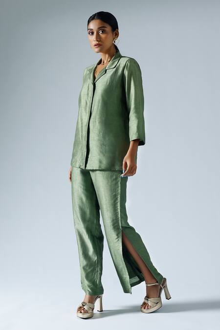 Shop Klad Green Silk Plain Notched Collar Shirt And Slit Pant Set Online at Aza Fashions Shop_Klad_Green Silk Plain Notched Collar Shirt And Slit Pant Set_Online_at_Aza_Fashions
