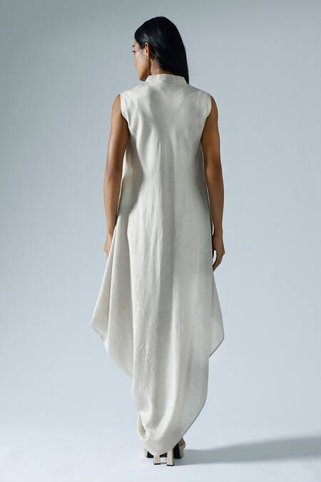 Shop_KLAD_Grey Silk Plain Mandarin Draped Dress_at_Aza_Fashions