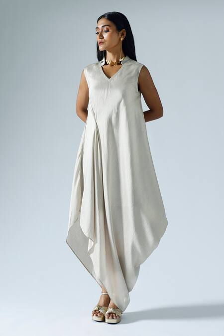 KLAD_Grey Silk Plain Mandarin Draped Dress_Online_at_Aza_Fashions