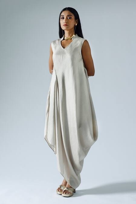 Buy_KLAD_Grey Silk Plain Mandarin Draped Dress_Online_at_Aza_Fashions