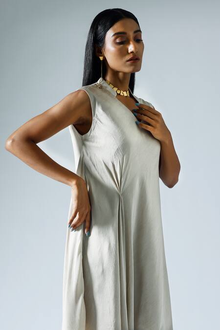 Shop_KLAD_Grey Silk Plain Mandarin Draped Dress_Online_at_Aza_Fashions