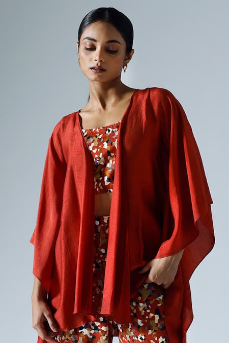 Klad_Red Silk Plain Front Open Asymmetric Jacket_Online_at_Aza_Fashions