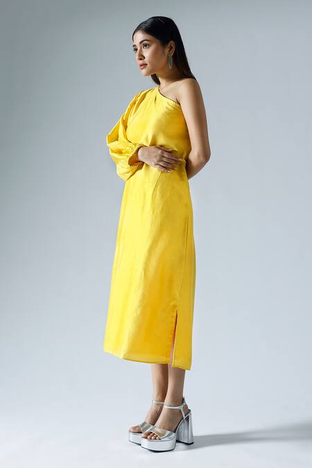 Klad_Yellow Silk Plain One Shoulder Dress_Online_at_Aza_Fashions