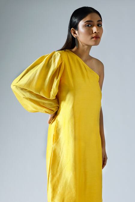Buy_Klad_Yellow Silk Plain One Shoulder Dress_Online_at_Aza_Fashions