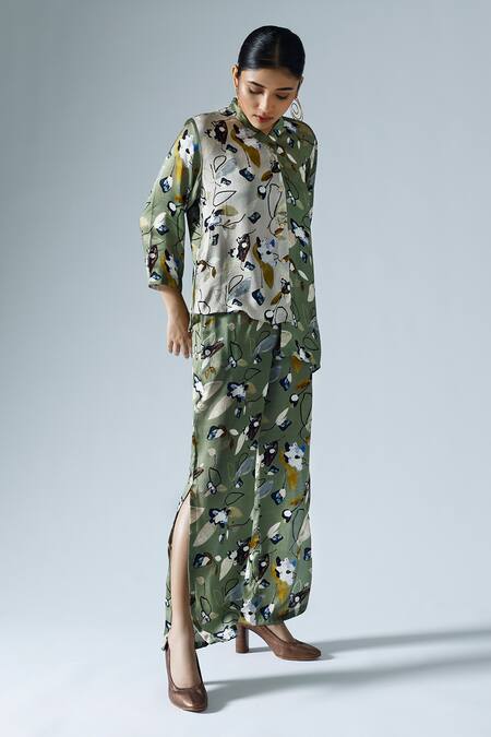 Buy_Klad_Green Satin Printed Abstract Floral Mandarin Shirt And Slit Pant Co-ord Set_Online_at_Aza_Fashions