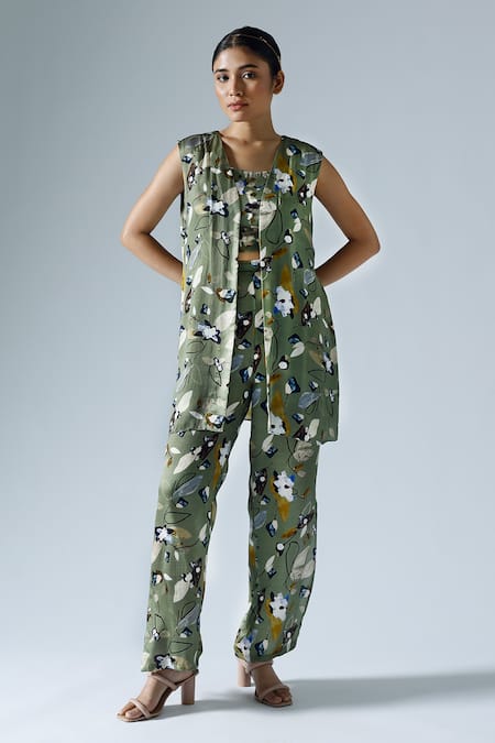 KLAD Abstract Floral Print Jacket With Slit Pant Co-ord Set 