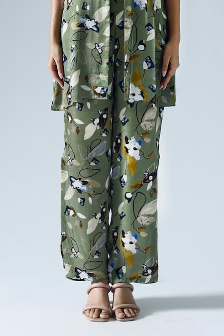 Klad_Green Satin Printed Abstract Floral Round Jacket And Pant Set_Online_at_Aza_Fashions