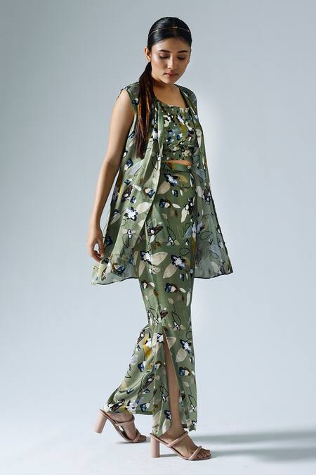 Buy_Klad_Green Satin Printed Abstract Floral Round Jacket And Pant Set_Online_at_Aza_Fashions