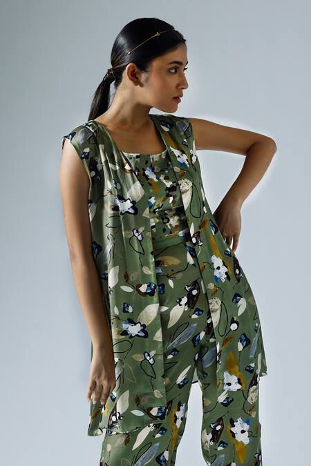 Shop_Klad_Green Satin Printed Abstract Floral Round Jacket And Pant Set_Online_at_Aza_Fashions