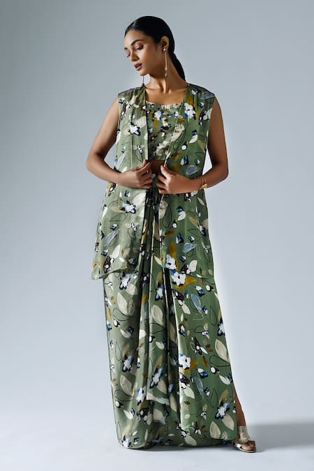 KLAD Abstract Floral Print Jacket With Draped Skirt Set 