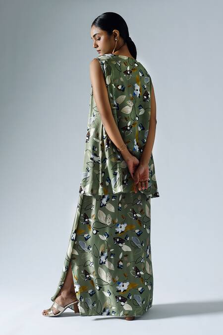 Shop Klad Green Satin Printed Abstract Floral Round Jacket With Draped Skirt Set at Aza Fashions Shop_Klad_Green Satin Printed Abstract Floral Round Jacket With Draped Skirt Set_at_Aza_Fashions