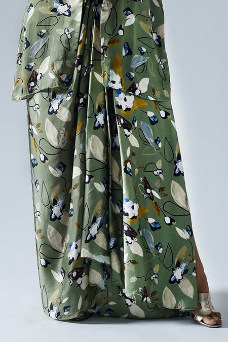 Klad Green Satin Printed Abstract Floral Round Jacket With Draped Skirt Set Online at Aza Fashions Klad_Green Satin Printed Abstract Floral Round Jacket With Draped Skirt Set_Online_at_Aza_Fashions