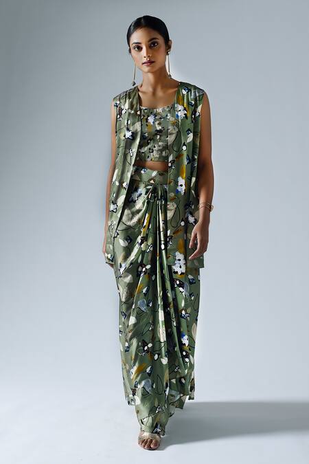 Buy Klad Green Satin Printed Abstract Floral Round Jacket With Draped Skirt Set Online at Aza Fashions Buy_Klad_Green Satin Printed Abstract Floral Round Jacket With Draped Skirt Set_Online_at_Aza_Fashions
